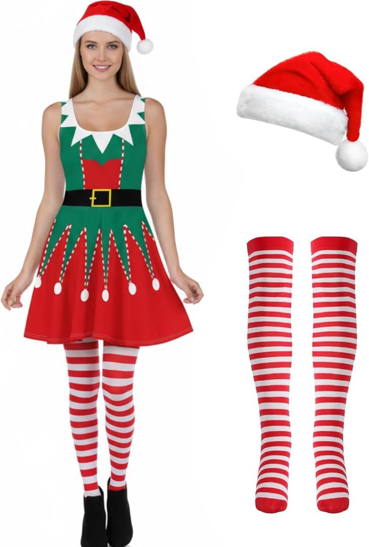 Hillban 3 Pcs Christmas Elf Costume Set Women Short Sleeve Christmas Dress Thigh High Socks Santa Hat (Medium)