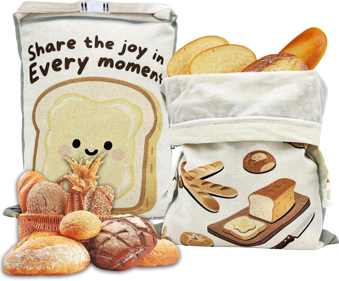 Reusable Linen Bread Bags for Homemade Bread- 2 Pack Cotton Food Storage Bags - 12.6" x 16.5" with Inner Lining - Sourdough Bags, Baking Gifts, & Baking Supplies for Home Bakers - Fresh Keeping