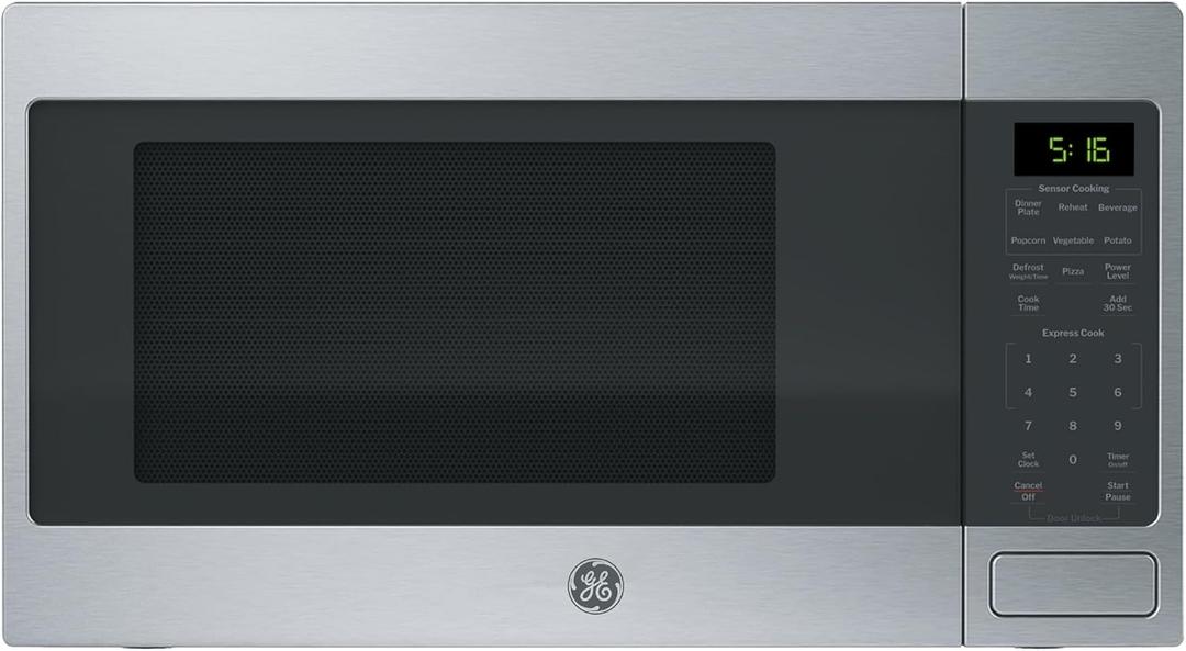 GE Countertop Microwave Oven, 1,150-watt Capacity, 1.6 Cubic Ft., 8 Auto Setting Cooking Settings, Child-Lock Technology, Kitchen Essentials for the Countertop, Dorm Room or Apartment, Stainless Steel