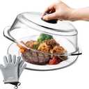 Glass Microwave Splatter Cover for Food Plates & Cookware with Oven Mitts, Borosilicate Glass Splatter Lid Guard with Vent Hole & Easy Grip Silicone Handle, 100% BPA Free & Dishwasher Safe