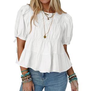 Tankaneo Women's Summer Babydoll Tops Cotton Puff Sleeve T-Shirts Smocked Peplum Blouse Casual Loose Fit Tops Large, White