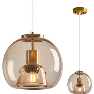 Light Coffee Glass Pendant Lights Kitchen Island Gold Hanging Light Fixture Glass Globe Pendant Light Modern Pendant Lighting for Kitchen Island Bedroom Dining Room (7.87", 1 Pack)