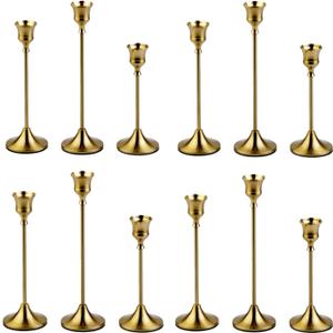4 Sets(12 Pcs) Candle Stick HoldersBrass Gold Metal Taper Candle Holders, Vintage Modern Decorative Centerpiece Candlestick Holders for Table Mantel Wedding Housewarming Gift