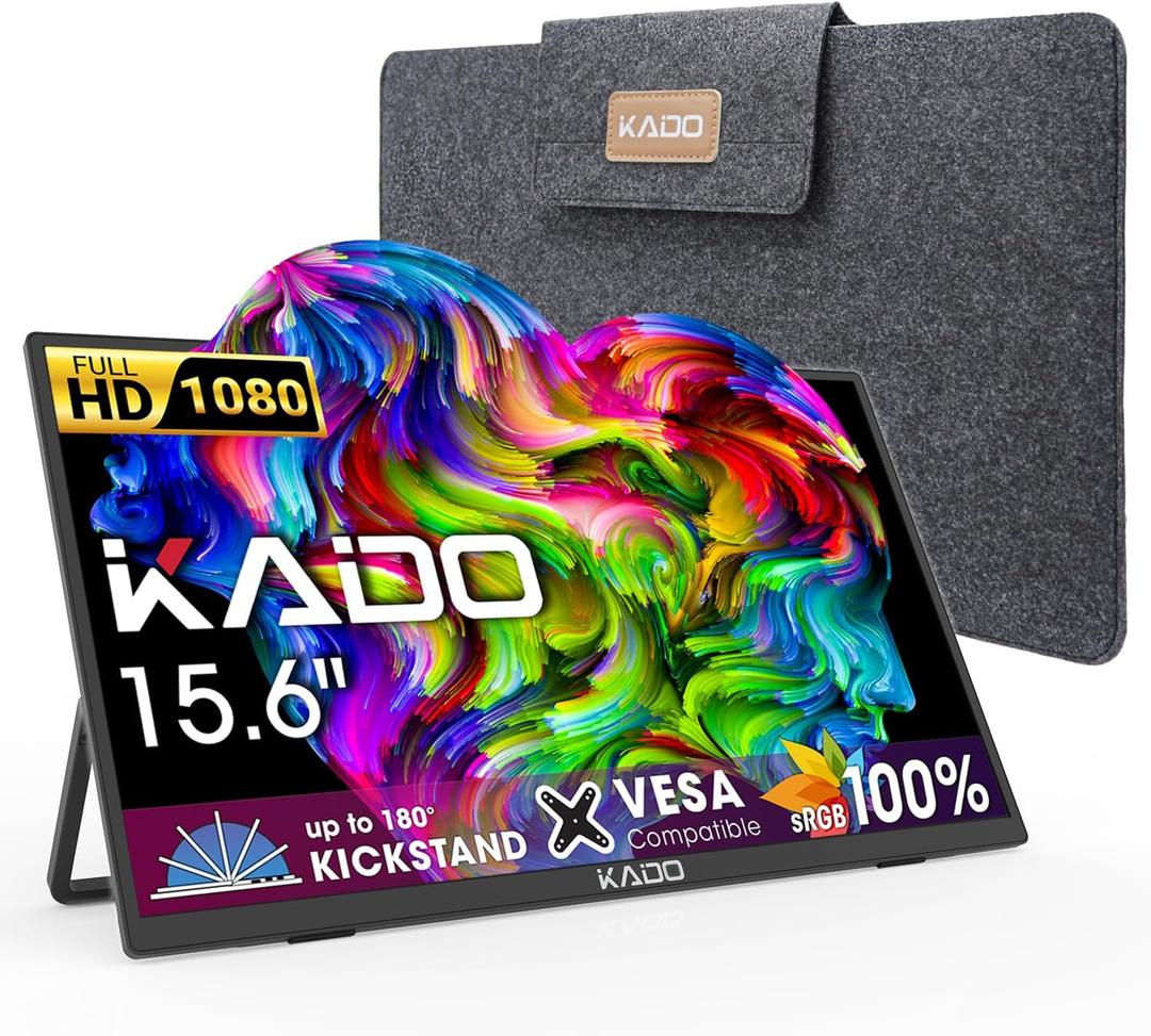 Kado 15.6" FHD Portable Monitor for Laptop, 100% sRGB Second Display IPS 1920x1080 HDMI USB-C Laptop Screen Extender, Carrying Sleeve 180 Kickstand for PC, Mac, Dex, Tablet, Xbox, PS4/PS5, Switch