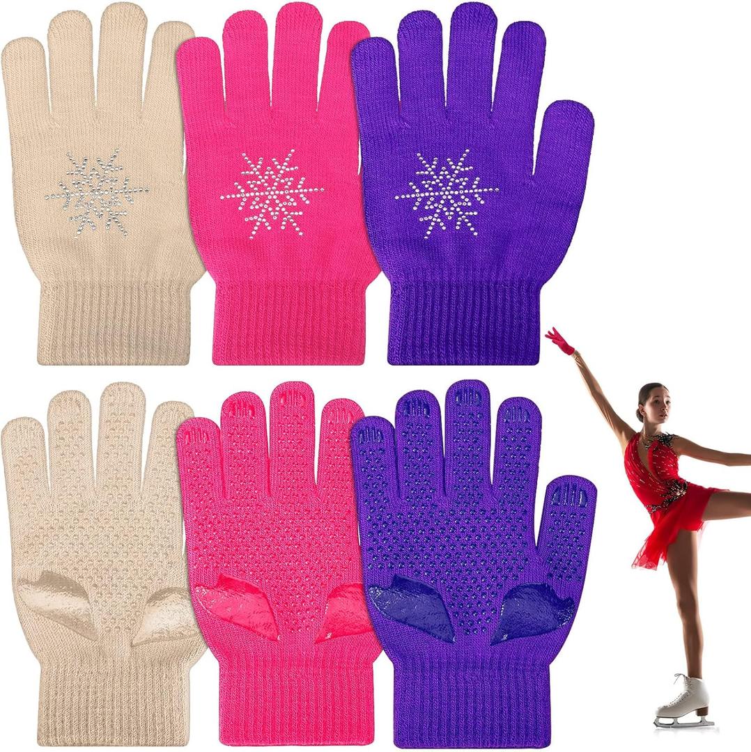 Jiuguva 3 Pairs Ice Skating Gloves Figure Skating Accessories Gloves with Snowflake Rhinestone for Kid Girl (Skin Color, Purple, Pink)