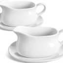 LE TAUCI 17oz Gravy Boat with Saucer Stand, Set of 2, Ceramic Sauce Boat with Tray for Salad Dressings, Creamer, Broth, Black Pepper, White