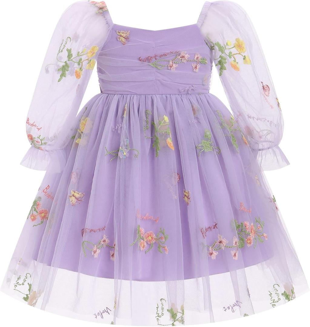 IMEKIS Toddler Girl Birthday Dress Floral Confetti Tulle Formal Wedding Party Long Sleeve Dress Cake Smash Photo Shoot (5-6 Years)