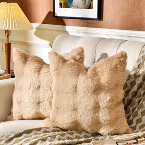AmHoo Pack of 2 Throw Pillow Covers 3D Dense Faux Rabbit Fur Cozy Super Soft Fuzzy Set Case Cushion for Couch Sofa Bedroom 22 x 22-Inch Camel