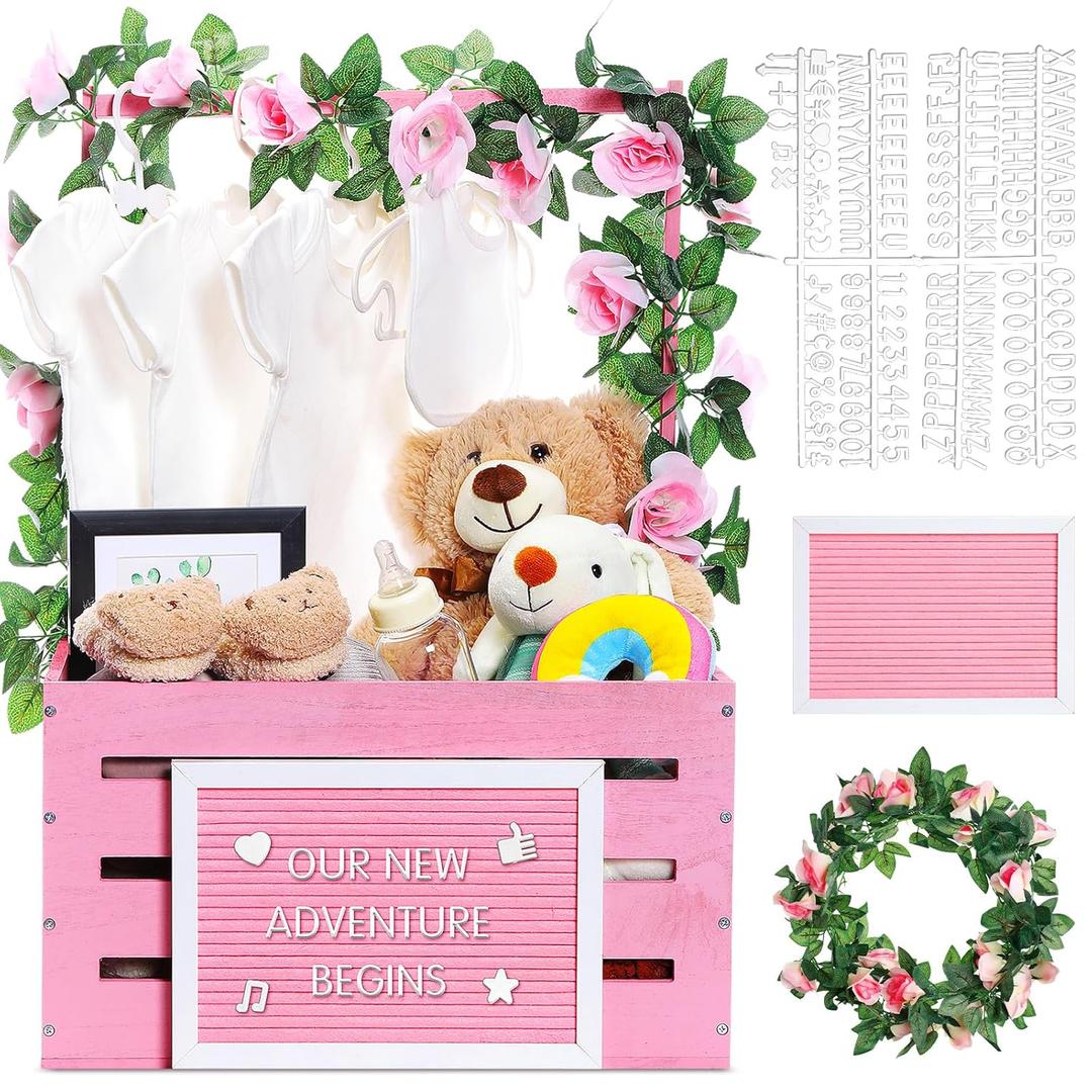 Barydat Wooden Baby Shower Crate Closet, Basket with Handle and Felt Letter Board Kit Garland Baby Shower Wooden Gift Crate Personalized Basket for Pregnancy Announcement New Parent(Pink)