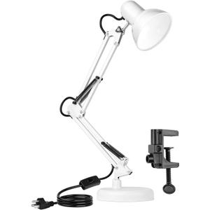 AmeriTop Metal Desk Lamp, Adjustable Swing Arm Table Lamp with Interchangeable Base Or Clamp; Eye-Caring Desk/Clip Reading Lamps for Bedroom, Study, Office (White)