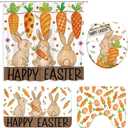 Moukeren 4 Pcs Happy Easter Shower Curtain Set Bunny Carrot Easter Shower Curtain for Bathroom Cute Bunny Bathtub Non Slip Rugs Toilet Lid Cover Bath Mat with 12 Hooks