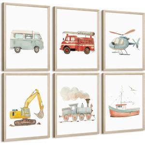 Car Wall Art Boys Room Canvas Wall Decor Nursery Prints Transportation Vehicle Wall Art Kids Toddler Posters Construction Truck Picture Boy Nursery Artwork for Bedroom Playroom 8x10 Inch Framed 6Pcs