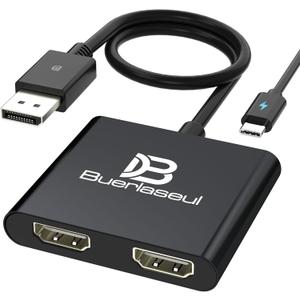 DisplayPort to Dual HDMI Splitter 4K@60Hz, USB-C Powered, DisplayPort 1.4 MST Hub DP to HDMI 1 in 2 Out Splitter for Dual Monitors Extended/Clone Mode for Desktop PC Graphics Card Home Office Gaming