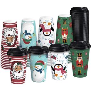 RUSPEPA Disposable Paper Coffee Cups with Lids 16 oz - 48 Pack Snowman and Nutcracker Soldier Design Printed Paper Drinking Cups, Thickened Paper Style for Hot/Cold Beverages, Home, Business and Cafe