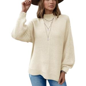 VIMPUNEC Womens Oversized Long Sleeve Sweaters Fall Casual Knit Pullover Tops Mock Neck Side Slit Jumper (Beige, L)
