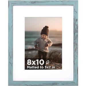 KINLINK 8x10 Picture Frame Turmaline Blue Set of 1, Wooden Photo Frame Matted 5x7 with Plexiglass for 5x7 with Mat or 8x10 without Mat for Table and Wall Display