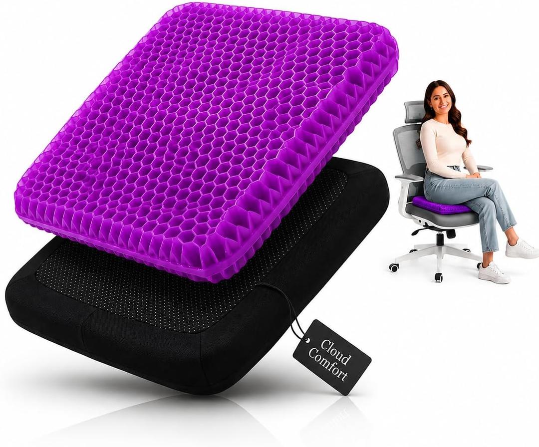 Premium Gel Seat Cushion for Office Chair Ergonomic Honeycomb Design Purple Pillow for Home Dining Car Wheelchair Long Sitting Travel 17.5" L × 15.5" W × 1.5" H Honeycomb Pressure Relief Cushion