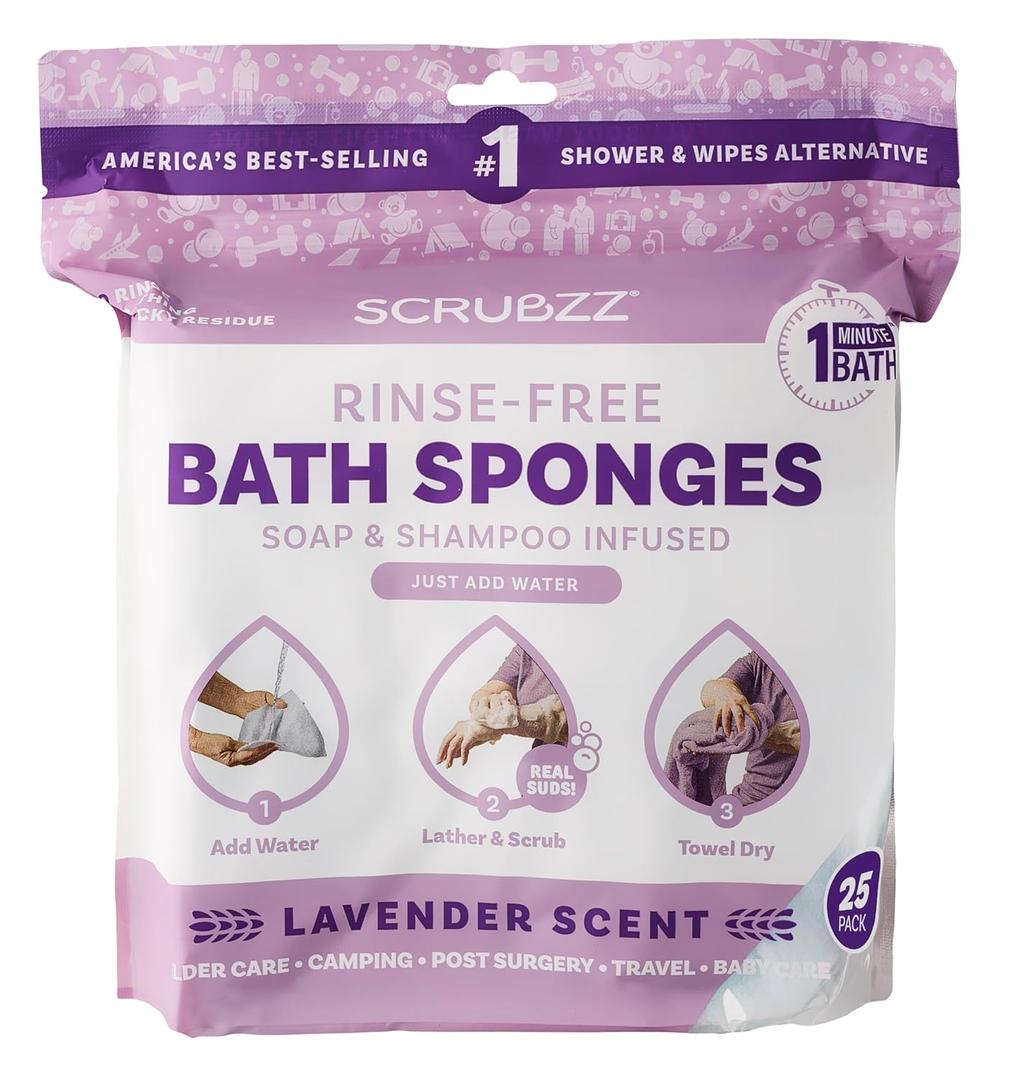 Scrubzz Disposable No Rinse Bathing Wipes - 25 Pack - All-in-1 Single Use Shower Wipes, Simply Dampen, Lather, and Dry Without Shampoo or Rinsing (Lavender, 1-Pack) (25 Count (Pack of 1))