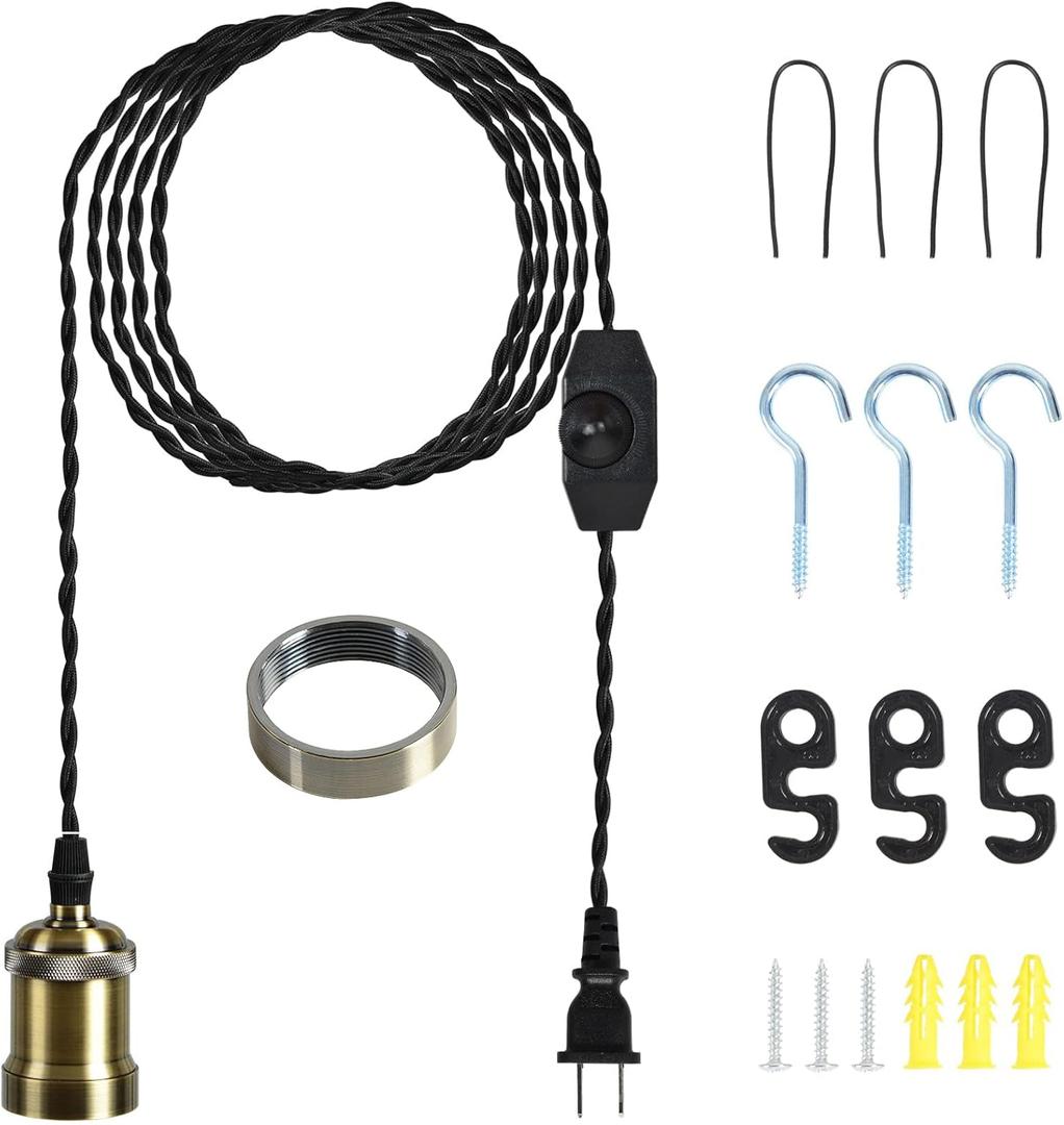Plug in Pendant Light Cord Hanging Light kit with dimmer Switch,Farmhouse Hanging Lights19.69 ft Power Cord Length,Hemp Rope Plug in Black Hanging Light Cord,Suitable for Kitchen Island,Dining Room