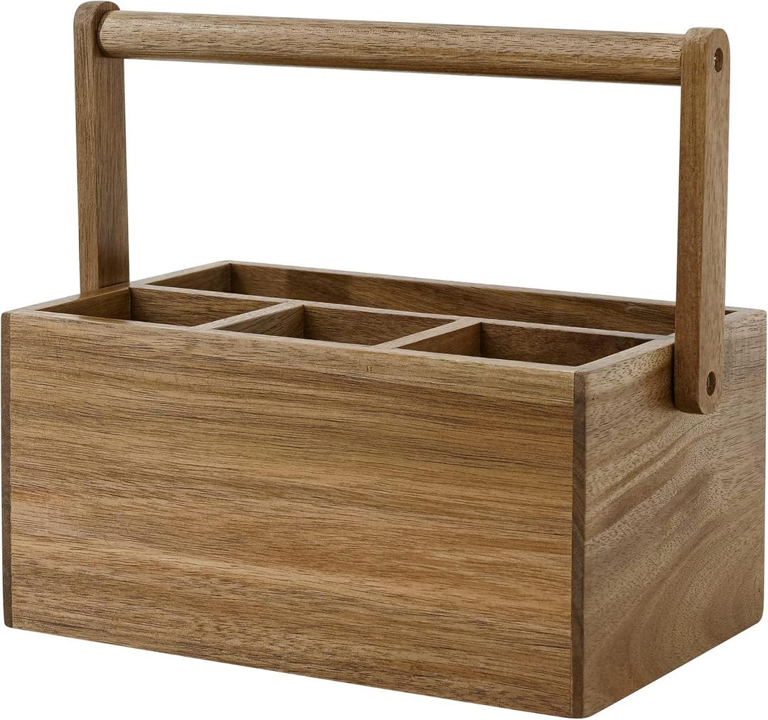 VaeFae Acacia Silverware Caddy with Handle, Wooden Utensil Holder, Mulip-pose Organizer for Kitchen, Office, Bathroom, Bedroom (Medium)