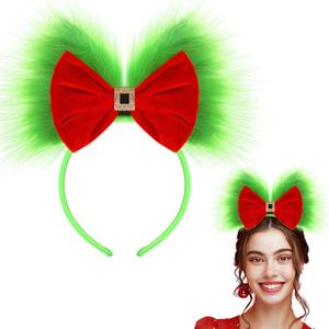 1 Pcs Christmas in July Bow Headband Large Furry Hair Bow Headband Fuzzy Pom Pom Costume Alien Hairband for Women Girls Accessories Holiday Party (Green,Red)