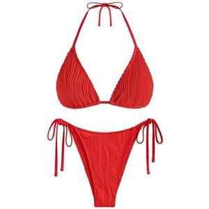 ZAFUL Triangle Bikini for Women 2 Piece Halter Bikini Sets Sexy High Cut Bathing Suit Side Tie Wave Textured Swimsuits Size S