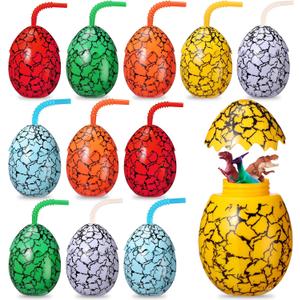 Maxcheck 12 Set Dinosaur Party Favor Cups with Lids and Straws Dino Cups for Kids 10 oz Crack Dinosaur Egg Bottles for Dino Theme Birthday Party Supplies Decorations