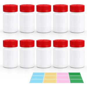 2 x METAPACK Push and Turn Cap Small Pill Bottle, 10 Pack Empty Medicine Bottles, HDPE Travel Pill Container with Labels for Pills Capsules Vitamins (16dram, Red Caps)