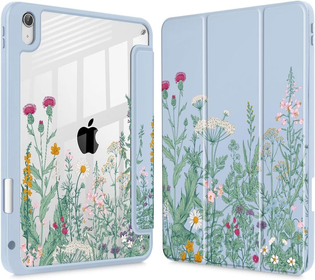May Chen Case for iPad Air 13 Inch M4 2026, M3 2025, M2 2024, [Built-in Pencil Holder] Shockproof Cover with Clear Transparent Back Shell, Auto Sleep/Wake Cover, Herbs Flowers