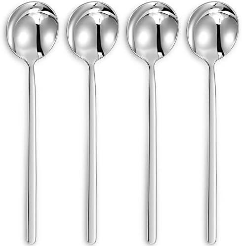KEAWELL Premium Korean Soup Spoons with Long Handles, Set of 4, 18/10 Stainless Steel, Dishwasher Safe (Plain)
