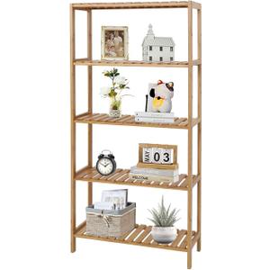 kinbor 5-Tier Bamboo Bathroon Shelf - Multifunctional Bamboo Rack Storage Shelving Rack Utility Shelf for Bathroom Kitchen Living Room