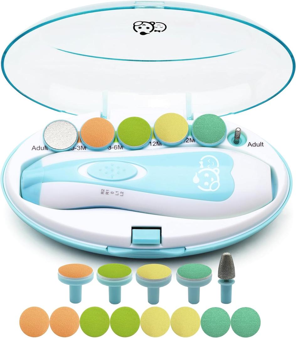 Royal Angels Upgraded 21 in 1 Baby Nail Trimmer with Labeled Case, 13 Extra Replacement Pads, Safe Electric Baby Nail File Kit for Newborns & Toddlers, Whisper Quiet Nail Clipper with LED Light (Blue) (21 Piece Set)