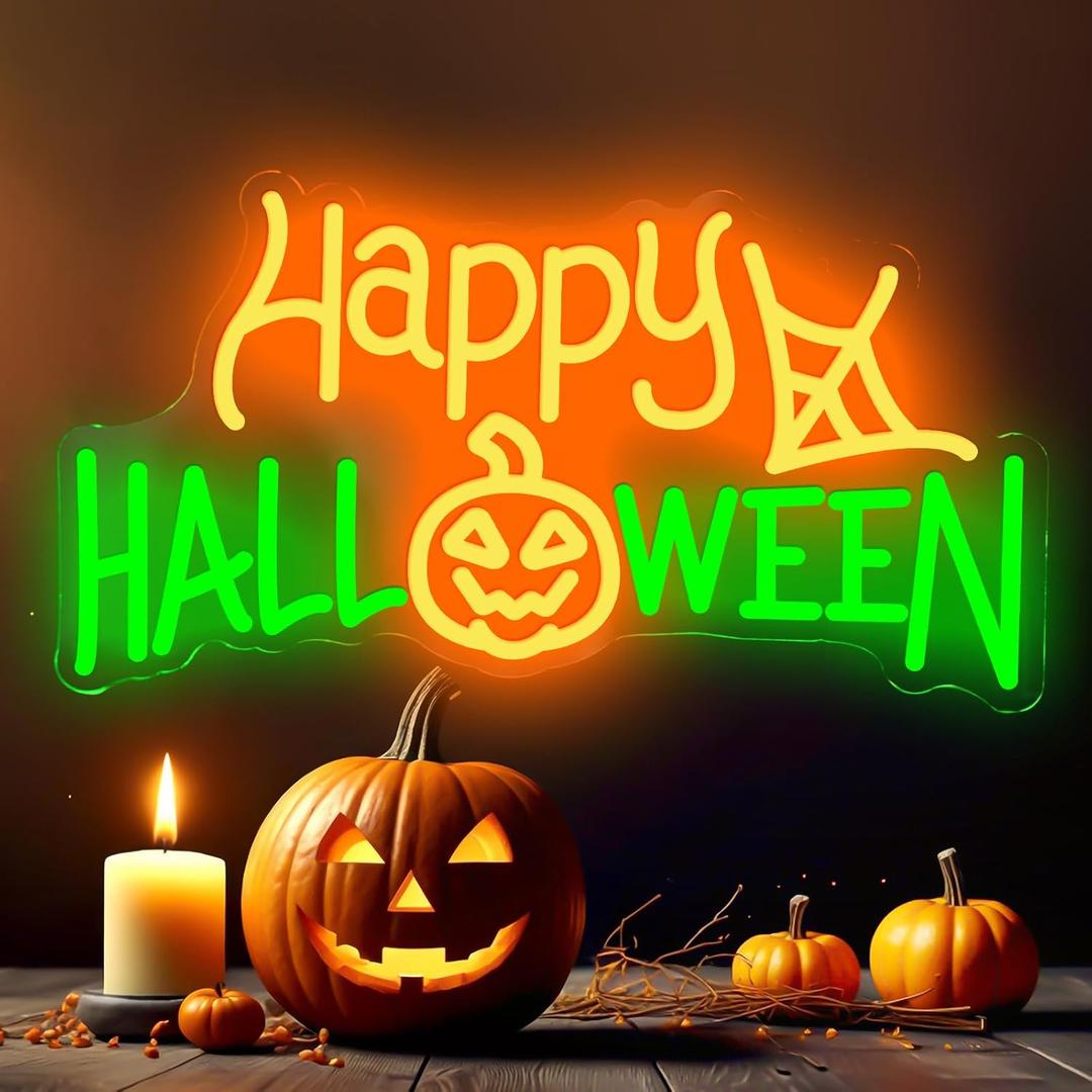Happy Halloween Neon Sign, LED Halloween Light Up Decor Web Pumpkin Neon Signs for Wall Bedroom Home Bar Halloween Party Decor Halloween Present for Trick or Treat Party Backdrop