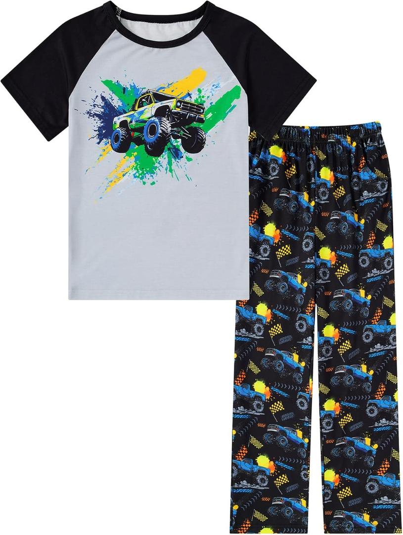 Funnycokid Boys Pajamas Size 6 5t Fall Pjs Sleepwear 2 Piece, Pickup Trucks Gray, 5-6 Years