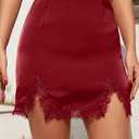 ALCEA ROSEA Women's Satin Mini Lace Trim Split Skirt Split Hem High Waist A-Line Short Bodycon Skirt 7806 (Red, M)