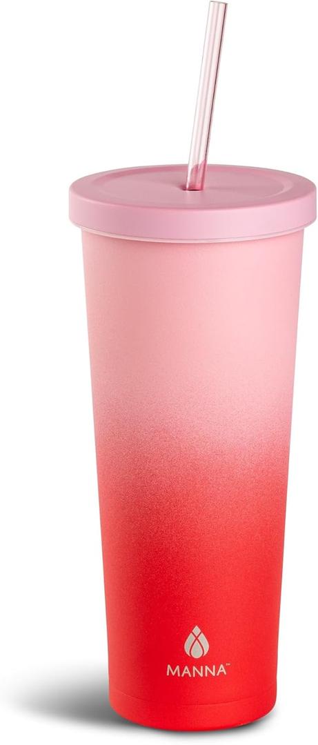 Manna Chilly Double-wall Vacuum Insulated Stainless Steel Tumbler with Splash-proof Lid and Reusable Tritan Straw - 24 Oz - Red Ombre