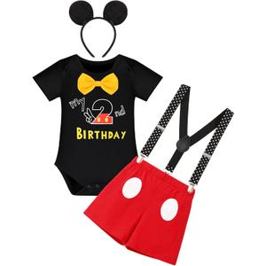 IMEKIS Baby Boys 1st 2nd Birthday Outfit Bowtie Romper with Suspenders Red Shorts Headband Sets Cake Smash Photo Shoot (Black)