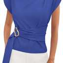 PRETTYGARDEN Women Blouses Spring Dressy Cap Sleeve Mock Neck Work Shirts Buckle Tunic Summer Business Casual Tops 2026 (Large, Blue)