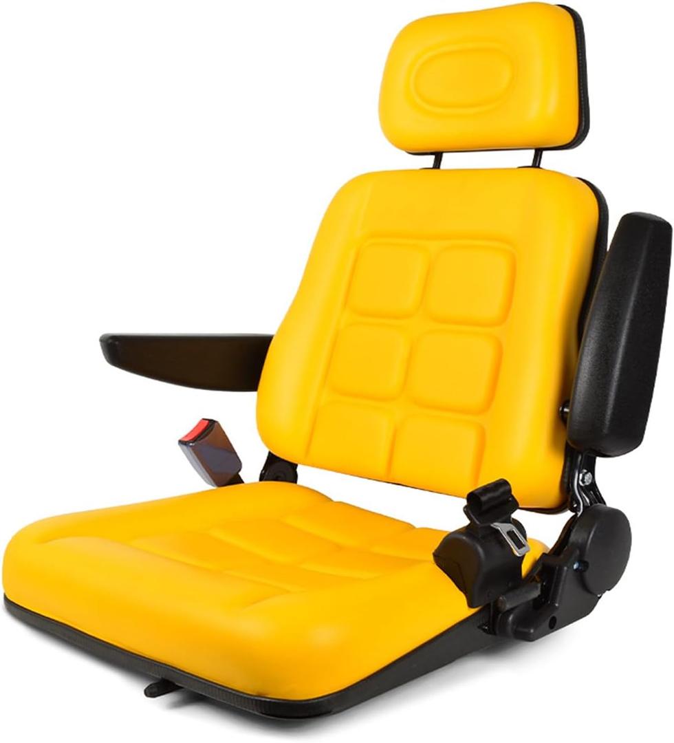 Universal Tractor Seat with Adjustable Backrest and Headrest, Yellow Forklift Seat with Armrest and Self-rebounding Safety Belt, Heavy Duty Seat for Excavator Lawn Mower Backhoe Dozer