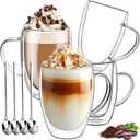 DINGPAl 15 oz Double Walled Glass Coffee Mugs, Set of 4 Large Double Wall Layer Coffee Mug Insulated Borosilicate Glass Cups with Handle and Spoon for Latte, Cappuccino, Espresso, Americano