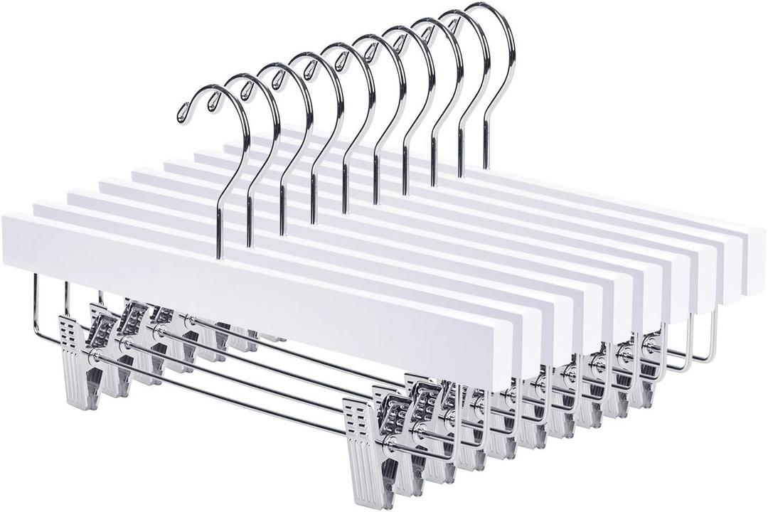 Nature Smile Wooden Pants Hangers Wood Bottom Jeans Skirt Hanger with Clips Anti Rust Hook Pack of 10 (White)