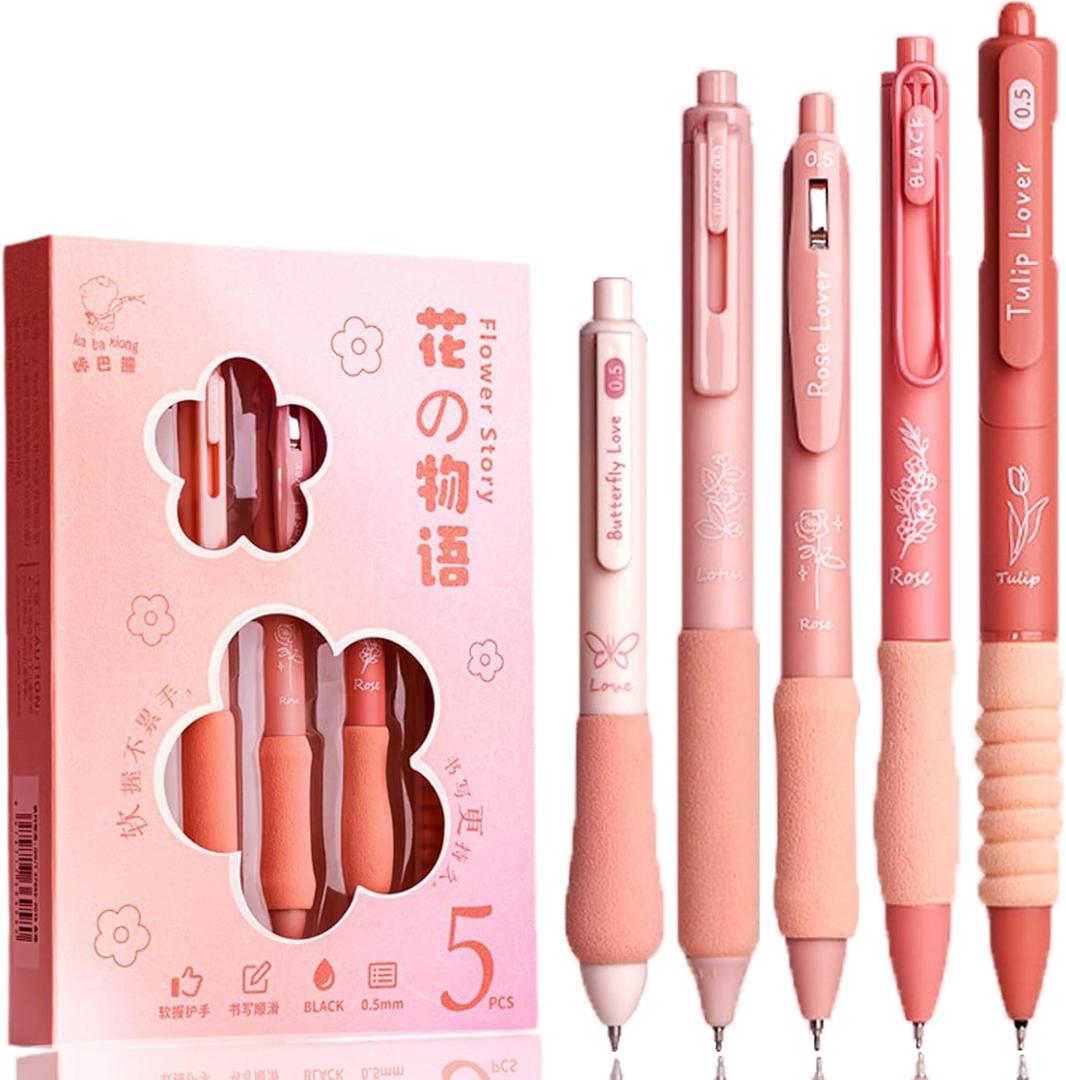 5 Pcs Flower Pens, 10 Pcs Retractable Quick Dry 0.5mm Fine Point Black Pen Refills Ink Unique Pens of Gift Cute Gel Pens for Women (Flower pen set)