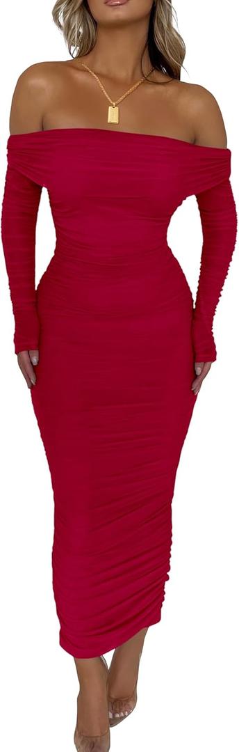 PRETTYGARDEN Women's Fall Off The Shoulder Maxi Dress Spring Long Sleeve Ruched Fitted Bodycon Club Dresses with Slit (Medium, Red)