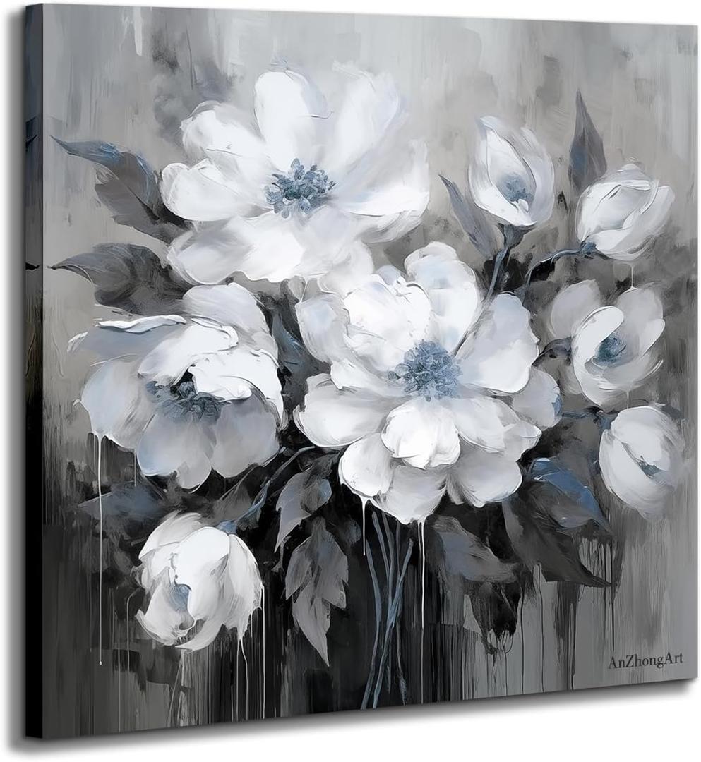 Bathroom Canvas Wall Art, Bathroom Wall Decor,Landscape for Living Room, Bedroom,Office, Gray and White Blue Flower Wall Decoration,18"x18"inches