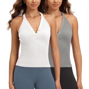 ODODOS 2-Pack Seamless Henley Tank for Women Open Back Button-up Ribbed Sleeveless Tops, White+Gray, X-Small/Small
