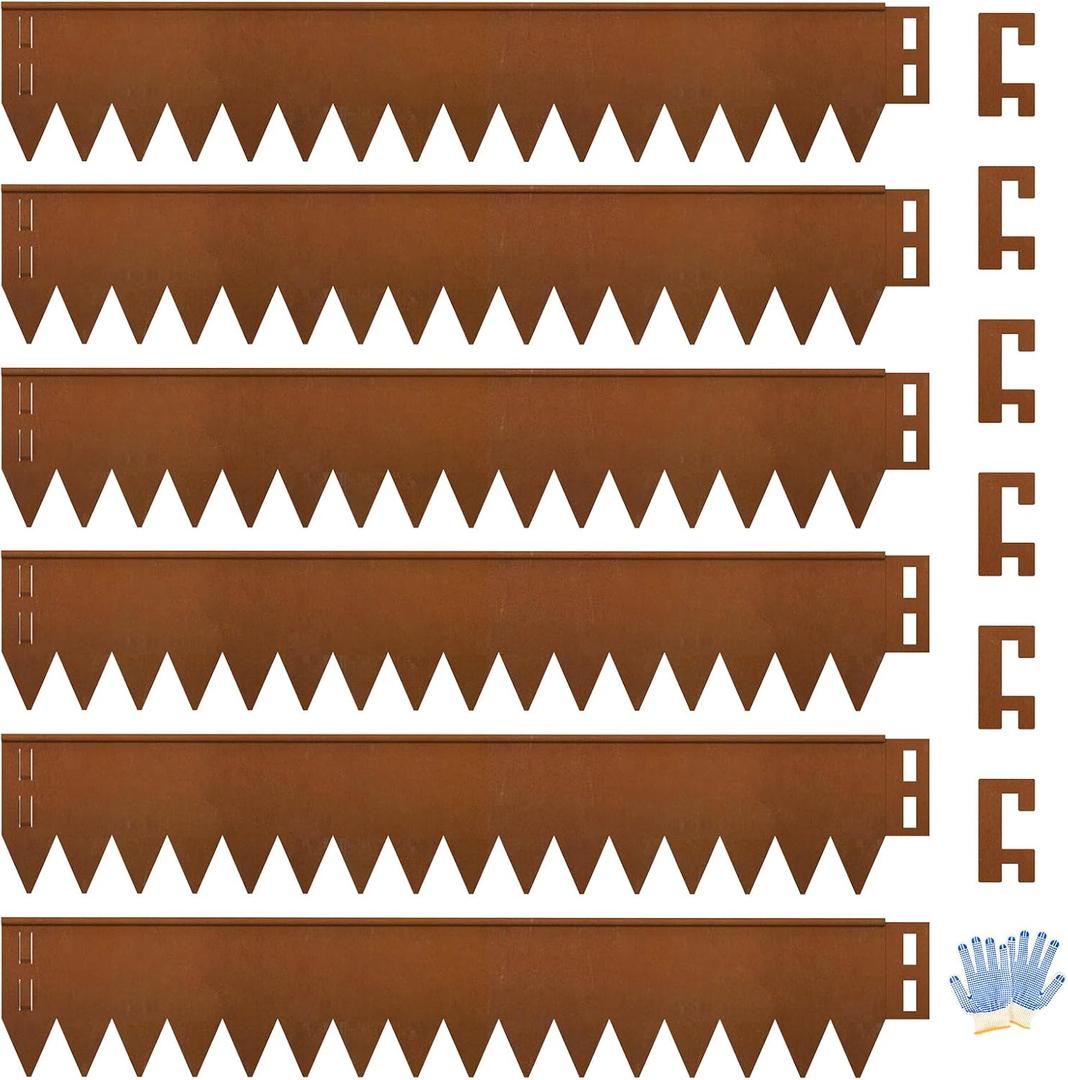 Cor Ten Steel Landscape Edging 40" L x 8" H, Hammer-in Landscape Edging, Metal Garden Edging Border with 6 Clips & Gloves - Edge for Lawn Yard COR-Ten Steel (6 Pack)
