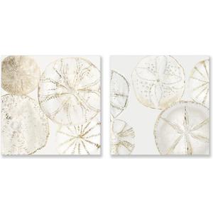 2 Pieces Coastal Wall Art Sea Shell Sand Dollar Painting Modern Abstract Gold and Neutral Wall Decor Ocean Theme Artwork for Bedroom Living Room Ready to Hang 20x20Inchx2pcs