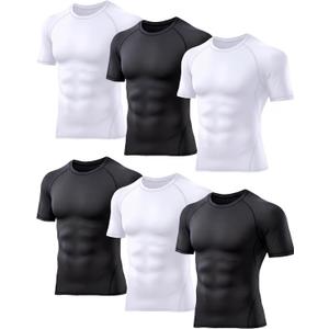 TELALEO 6 Pack Men's Compression Shirt Short Sleeve Athletic Baselayer Sports T Shirts Workout Tops for Men Black White (Blue, L)