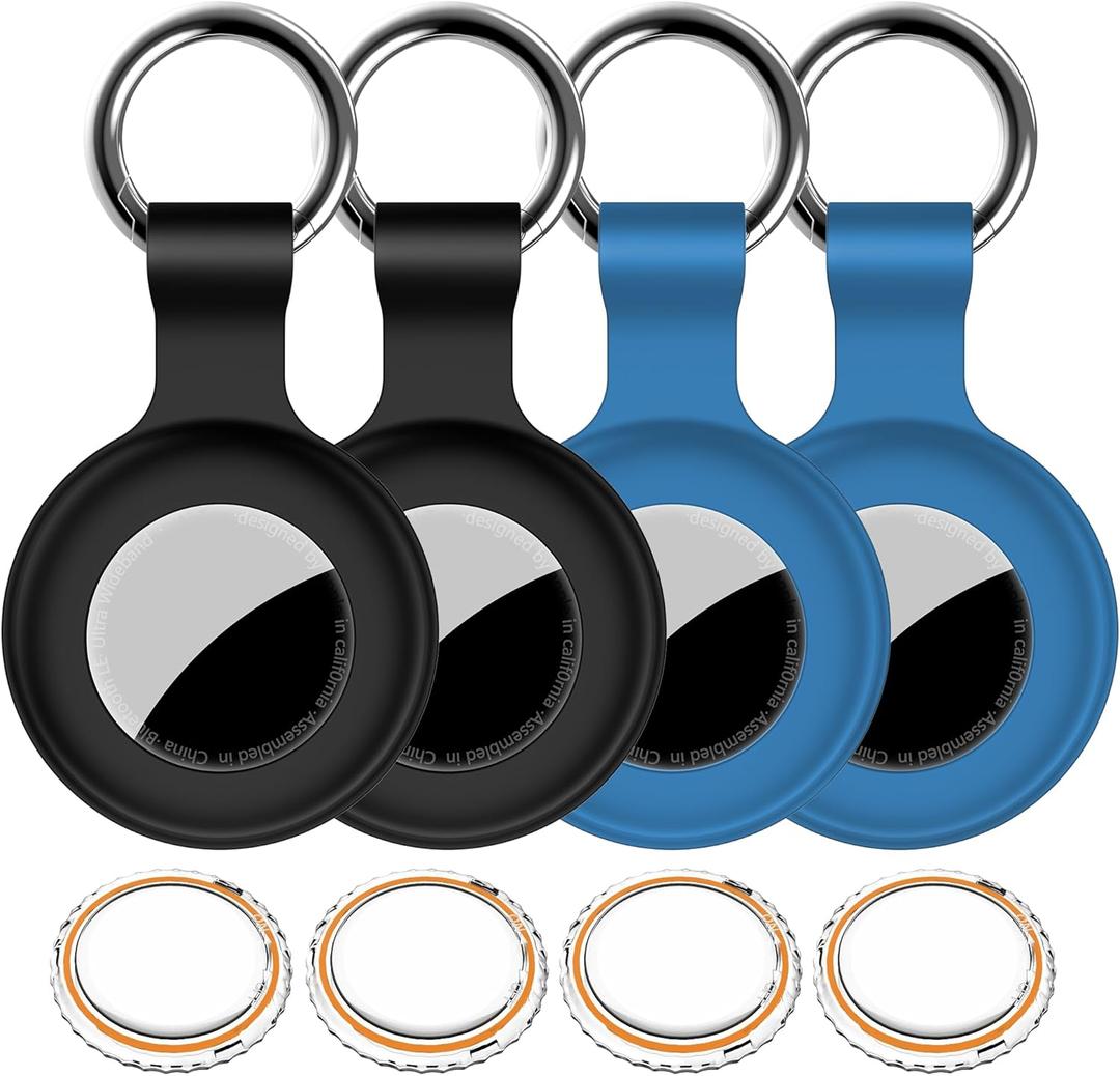 4 Pack, IPX8 Waterproof Airtag Holder for Apple Air Tags with Air Tag Keychain, Shockproof [Anti-Scratch][PC+Silicone] Air-Tags GPS Item Finders Case for Pets, Bags, Kids, Keys, Black+Blue