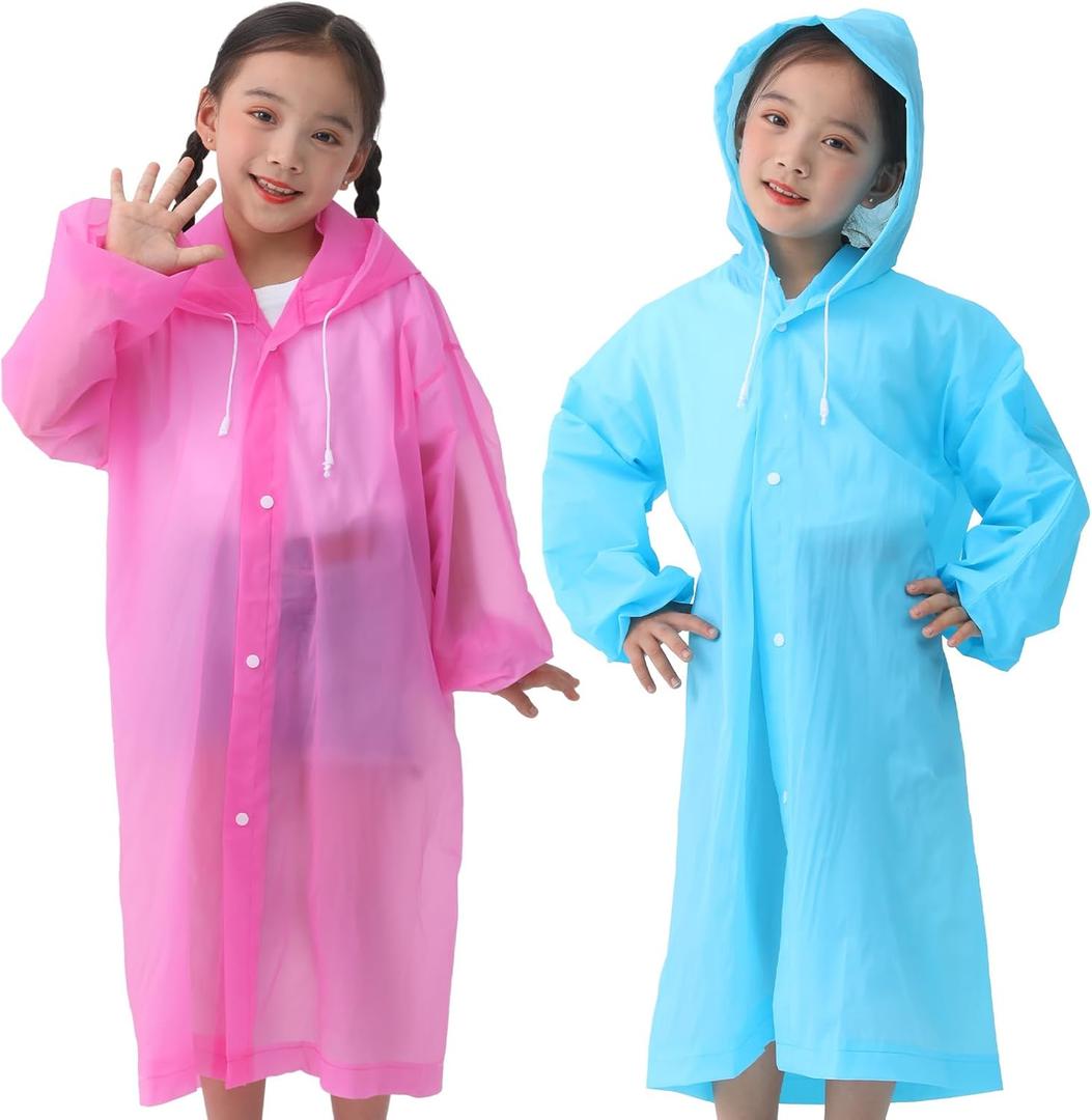 OFFITECTURE 2-Pack Reusable Rain Ponchos for kids - Hooded Raincoats for Boys Girls (Blue+Pink)